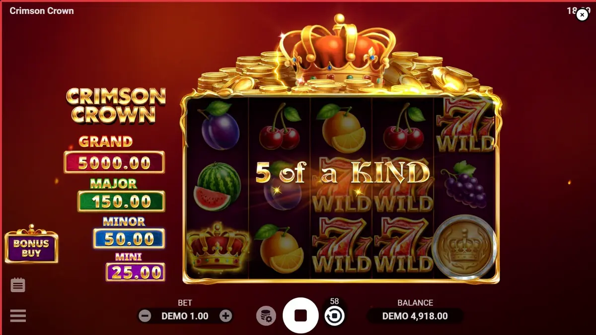Tampilan visual slot Crimson Crown dengan simbol mahkota dan buah-buahan